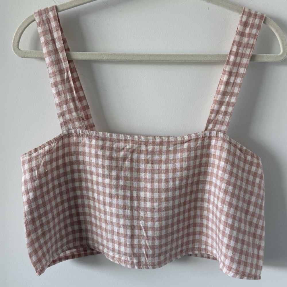 Reformation Linen Blush Check Gingham Square Neck Cropped Tank Top Button Sz S